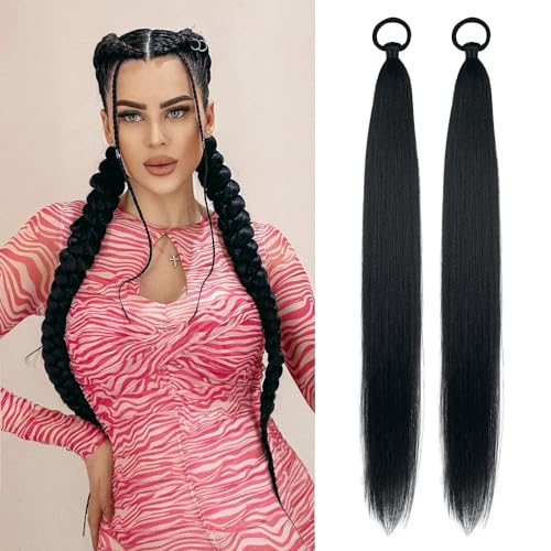LyoRuSi Black Ponytail Extension 2 Pack Braid Ponytail Extension with Tie | 26 Inch Long Braided Ponytail Extension, Straight Sleek Wrap Around Braid Hair Extensions Ponytail - color: Black#, size: 26 Inch（Pack of 2）