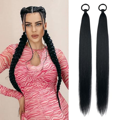 LyoRuSi Black Ponytail Extension 2 Pack Braid Ponytail Extension with Tie | 26 Inch Long Braided Ponytail Extension, Straight Sleek Wrap Around Braid Hair Extensions Ponytail - color: Black#, size: 26 Inch（Pack of 2）