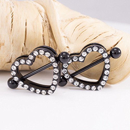 14G Stainless Steel CZ Paved Heart Nipple Rings Nipple Piercing Jewelry for Women 7/8 Inch 22mm - color: Black IP