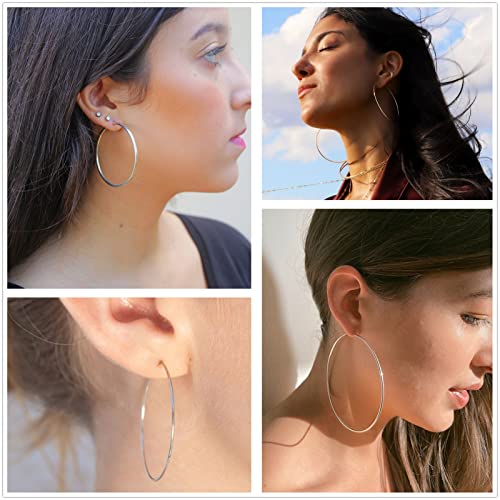 3 Pairs Sterling Silver Large Hoop Earrings Set for Women 40 50 60MM | 14K White Gold Plated, Hypoallergenic - style: F:Silver 30mm 40mm 50mm