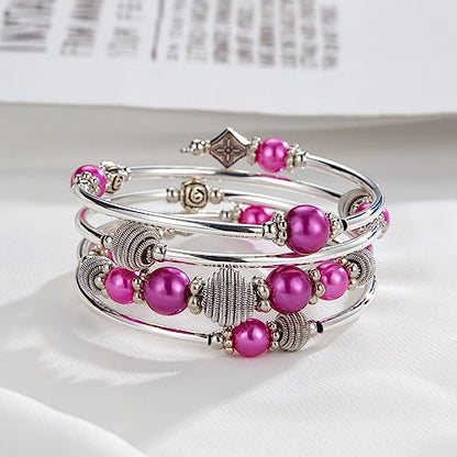 PEARL&CLUB Beaded Chakra Bangle Turquoise Bracelet - Fashion Jewelry Wrap Bracelet with Thick Silver Metal and Mala Beads, Birthday Gifts For Women - color: Fuchsia