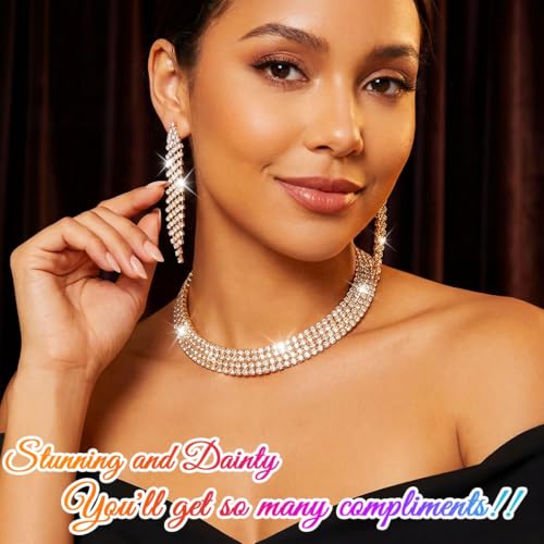 Rhinestone Bridal Wedding Jewelry Sets Silver Choker Necklace Earrings Set Prom Formal Costume Jewelry Set for Women and Brides - color: Gold