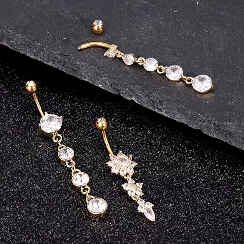 3-6PCS 14G 316L Stainless Steel Belly Button Rings for Women Navel Rings Barbell Dangle Flower CZ Body Piercing - color: C: 3 Pcs Gold-tone