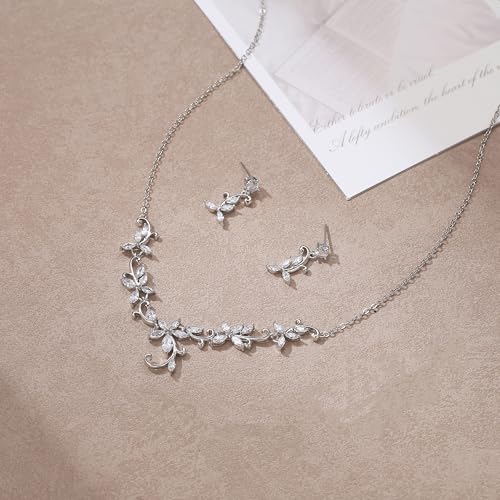 Crysdue Flower Leaf Wedding Jewelry Set for Bridal Bridemaid, Cubic Zirconia Teardrop Elegant Silver/14K/Rose Gold Plated Vine Necklace Dangle Earrings for Prom Party - style: A_Silver Tone