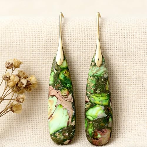 Boho Natural Imperial Jasper Teardrop Dangle Earrings for Women – Hypoallergenic French Hook Stone Drop Earrings Jewelry - color: Green Golden Hook #2