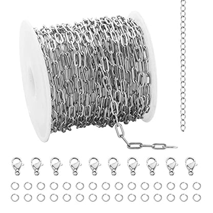 UMAOKANG 16.4 Feet Silver Stainless Steel Chains for Jewelry Making Cable Long Craft Link Chain Roll Paperclip Necklace Chains Bulk with Jump Rings Lobster Clasps Extender Chain - color: Steel Paperclip