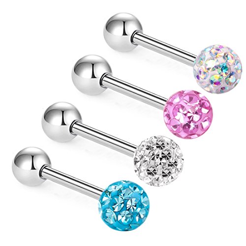 Anti-allergy Surgical Steel Tongue Rings Women Handmade Epoxy Crystal Piercing Barbells 14G 16mm - color: AB+Blue+Pink+White