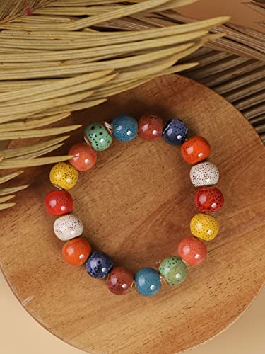 Boho Hippie Colorful Ceramic Beads Strand Stretch Bracelet, Bohemian Summer Beach Jewelry Gift for Women - color: S01