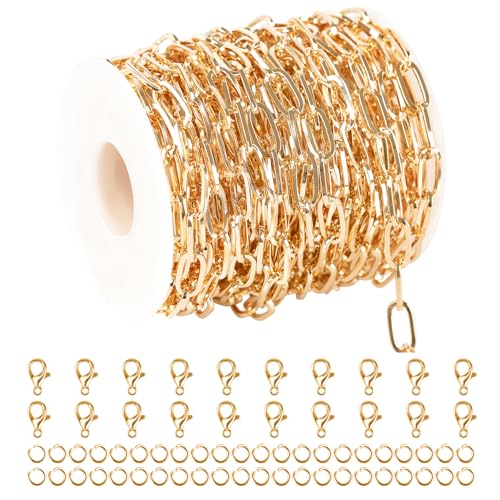 KYUNHOO 10 Meters Necklace Chain Roll 6MM Width Paperclip Chain for Jewelry Making Gold Plated Iron Necklace Chains Bulk Metal Chain for Craft DIY Jewelry Findings - color: 13x6mm Paperclip