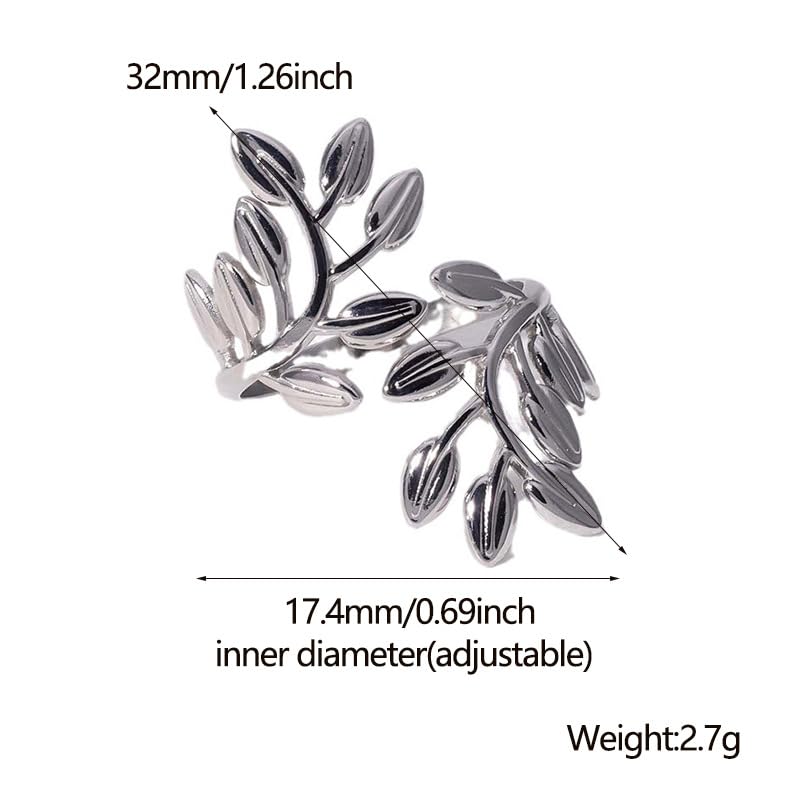 Stainless Steel Leaf Statement Ring for Women Laurel Branch Leaves Open Adjustable Band Fashion Finger Stacking Rings Birthday Party Jewelry Gifts Friendship - style: Floral