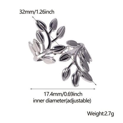 Stainless Steel Leaf Statement Ring for Women Laurel Branch Leaves Open Adjustable Band Fashion Finger Stacking Rings Birthday Party Jewelry Gifts Friendship - style: Floral