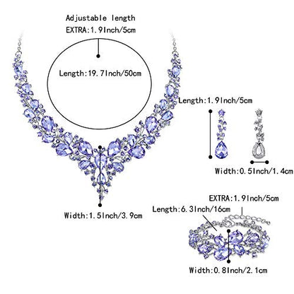 Wedding Bridal Jewelry Set for Women Bride Bridesmaids | Gorgeous Austrian Crystal Teardrop Cluster Statement Necklace Dangle Earrings Link Bracelet Set Prom Jewellery - color: 17-Light Purple Silver-Tone