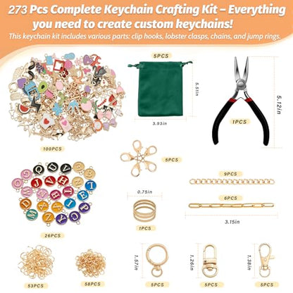 XUHAO7 263Pcs DIY Keychain Craft Kit - Make Your Own Keychains | DIY Jewelry Making Kit with Tools, Charms & 5 Velvet Pouches, Beginner-Friendly Craft Supplies for Personalized Gifts - size: 263pcs