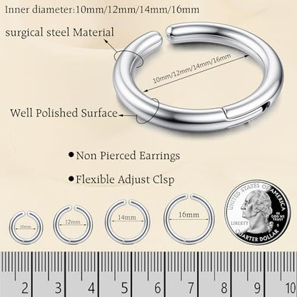 YADOCA 8 Pieces Clip On Earrings For Men Women Non-Piercing Fake Earrings Stainless Steel Clip On Hoop Earring Cool Earrings Ear Clips Set for Gifts - style: Silver: 10/12/14/16mm