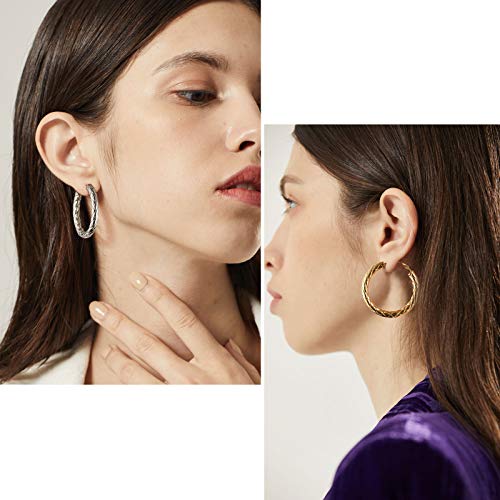 FindChic Chunky Hoop Earrings for Women, Silver/Black/14K Gold Plated Crossover Patterned Hollow Tube Rounded Loop Earrings, 30mm/40mm/60mm/80mm Hoops with Custom Name Options and Gift Box - color: b.Silver, size: 40MM