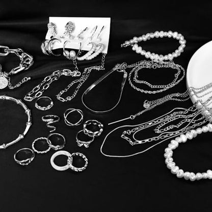 Gold/Silver Jewelry Set for Women Layered Bracelets Ball Dangle Hoop Earrings Stackable Knuckle Rings Set Dainty Adjustable Necklaces Valentine Anniversary Trendy Party Costume Accessories Jewelry - style: Classic