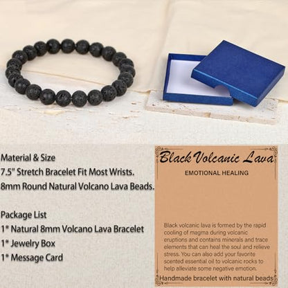 LPBeads Handmade Natural Gemstone Stretch Elastic Bracelet Healing Crystal Round Stone Beads Jewelry Gifts for Women Men - color: Black Lava, size: 8mm