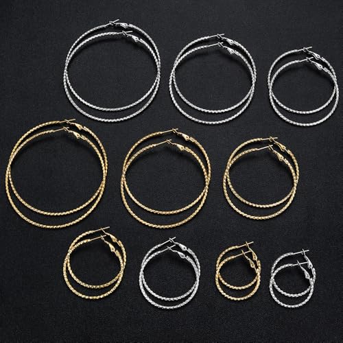 4/10 Pairs Stainless Steel Gold Silver Plated Hoop Earrings Hypoallergenic Dainty Big Small Hoops Earrings Set for Women - color: 10 Pairs Silver/Gold Plated Filigree Hoop Earrings Set