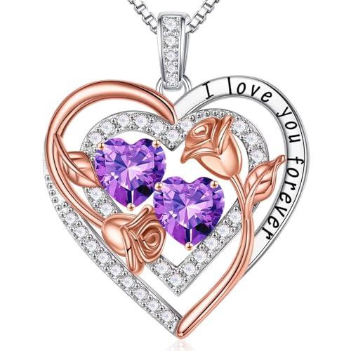 Iefil Heart Birthstone Necklace for Women - Double Birthstone Jewelry | 925 Sterling Silver, Gift Box Packaging, Anniversary Birthday Gifts for Women Wife Mom - color: 02-02-Feb-Feb Birthstone
