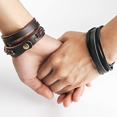 Handmade Genuine Vintage Leather Wrist Cuff Wrap Bracelet Adjustable - style: C: 2 Pcs set (Brown and Black)