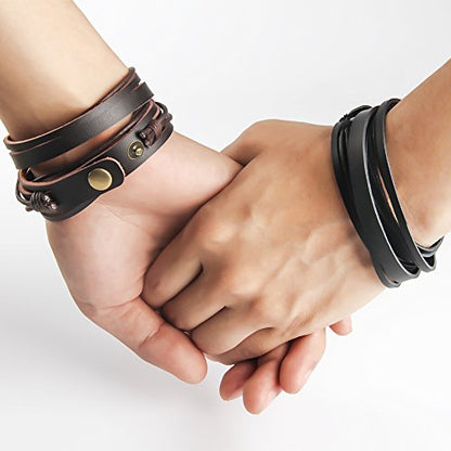 Handmade Genuine Vintage Leather Wrist Cuff Wrap Bracelet Adjustable - style: C: 2 Pcs set (Brown and Black)