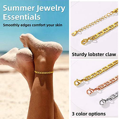 Adjustbale Link Chain Anklet for Women Summer Jewelry, 316L Stainless Steel Figaro/Wheat/Twist Rope/Cuban Foot Bracelet-Waterproof, Resizable 9"-12" (Gift Box Included) - color: 5, Mariner - Stainless Steel
