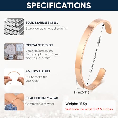 Stainless Steel Mens Cuff Bracelet : Minimal Cool Silver/Black/Gold Plated Open Metal Cuff Bangle Bracelets for Men,Mens Bracelet Jewelry Gift - color: Rose Gold Plated-Single, size: Medium( fit 5.5"-7.2" wrist)