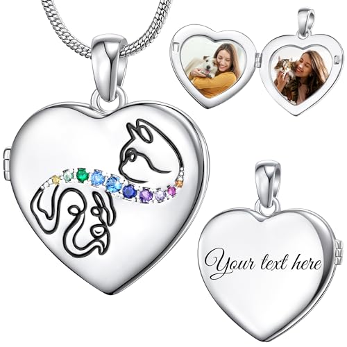 Fanery Sue Personalized Pet Locket Picture Necklace,Dog Cat Memory Gift | Custom Engraved Heart Photo Lockets Necklaces,Dog Cat Sympathy Memorial Jewelry for Women Men - color: Sliver, style: Cat & Dog