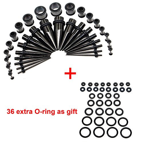 36 Pieces Ear Gauges Stretching Kit Taper Stainless Steel Single Flare Tunnel Plugs Eyelet 14G-00G and 36 pcs O-Ring Extra Set - style: Black 36 pieces