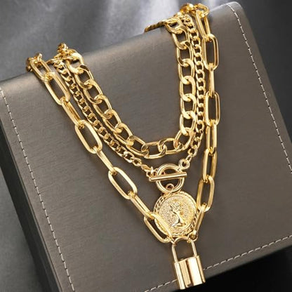 Gold Stack Necklace Chunky Necklaces for Women Trendy Coin Pendant Long Necklaces Western Jewelry for Women Cowgirl Cowboy Chic Country Outfit Boho Accessories Birthday Jewelry Gifts - color: B1: Gold Lock Necklace Stack