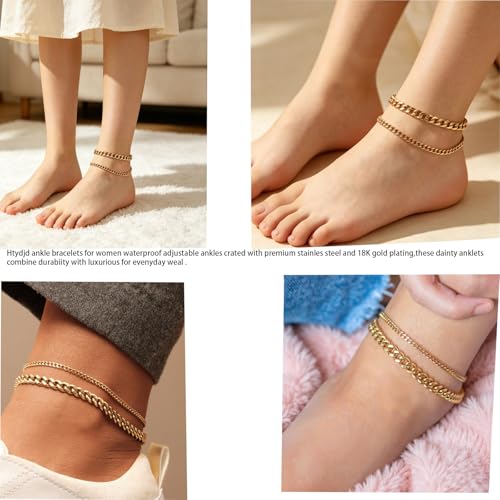 Ankle Bracelets for Women Adjustable 18k Plated Gold Anklets Water Proof Stainless Steel Cuban Link Anklet Chains Beachy Womens Big ankles Anklet Fashion Accessories (silver) - color: Gold