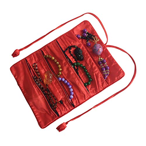 Travel Jewelry Roll Bag - Embroidered Brocade Pouch for Rings, Necklaces, Earrings, Bracelets | Lightweight & Tie Closure (Red) - color: Red