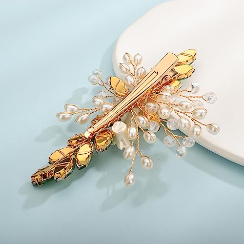 Xerling Green Rhinestones Emerald Crystal Flower Hair Barrettes Clip Boho Bridal Pearl Hair Jewelry Accessories for Women Wedding Floral Headpieces (Emerald) - color: Emerald
