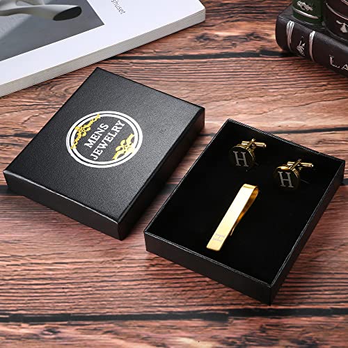 LOYALLOOK Black Initial Cufflinks and Tie Clip Set for Men Personalized Copper Cuff links and Tie Bar Letter Alphabet A-Z Gift for Father Husband Valentine Gifts for Men - color: H