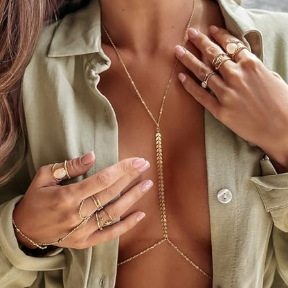 Gold Plated Body Chain for Women, Layered Bikini Waist Chain | Sexy Rhinestone Body Jewelry, Chest Belly Chain, Adjustable Fit, Crossover Design, Summer Beach Parties and Vacations - color: Gold10