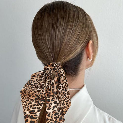 Leopard Hair Scarf Scrunchies for Women - 2Pcs Bow Scrunchies Knotted Bow Hair Ties Long Elastic Bands Satin Hair Ribbon Scrunchy Soft Ponytail Holders for Women Girls Gifts