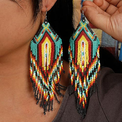 Bohemian Tassel Colorful Beaded Earrings For Women Trendy, Long Fringe Feather Drop Jewelry Handmade Gifts. - color: color8