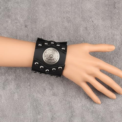 JAOYU Punk Leather Cuff Bracelet Goth Leather Wristband Rock Bracelet Biker Bracelet for Men Leather Armband Black Handmade Jewelry - color: Flower Black Leather Bracelet