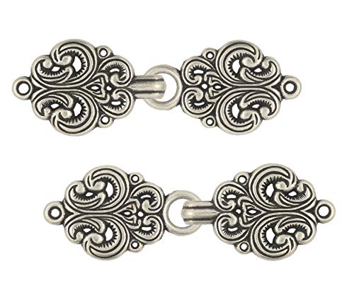 bezelry 6 Pairs Rococo Swirl Flower Cape or Cloak Clasp Fasteners. Sew On Hooks and Eyes Cardigan Clip. 65mm Fastened. - color: Antique Silver