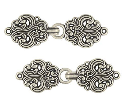bezelry 6 Pairs Rococo Swirl Flower Cape or Cloak Clasp Fasteners. Sew On Hooks and Eyes Cardigan Clip. 65mm Fastened. - color: Antique Silver