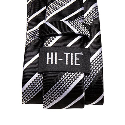 Hi-Tie Men 63inches Tie Set Extra Long Necktie Paisley Tie Pocket Suqare Cufflinks Big and Tall Men Tie - color: Black Grey Silver