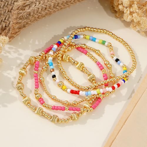 Colorful Gold Plated Stackable Ball Seed Beaded Bracelets Set For Women, Boho Handmade Romantic Stretch Accessories Jewelry, Daily Wear Holiday Party Friendship Gift - color: Lantern