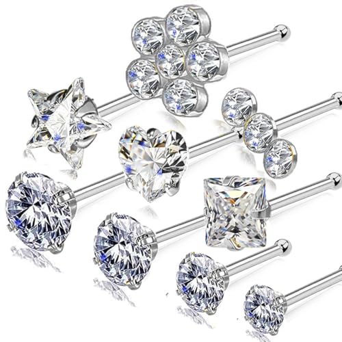 14k Gold Plated Nose Rings Studs for Women 316L Surgical Steel Nose Piercings 22g/20g/18g Gauges 1.5mm/2mm/2.5mm/3mm/3.5mm/4.5mm Sizes - color: 20g 9pcs Bone Silver Surgical Steel