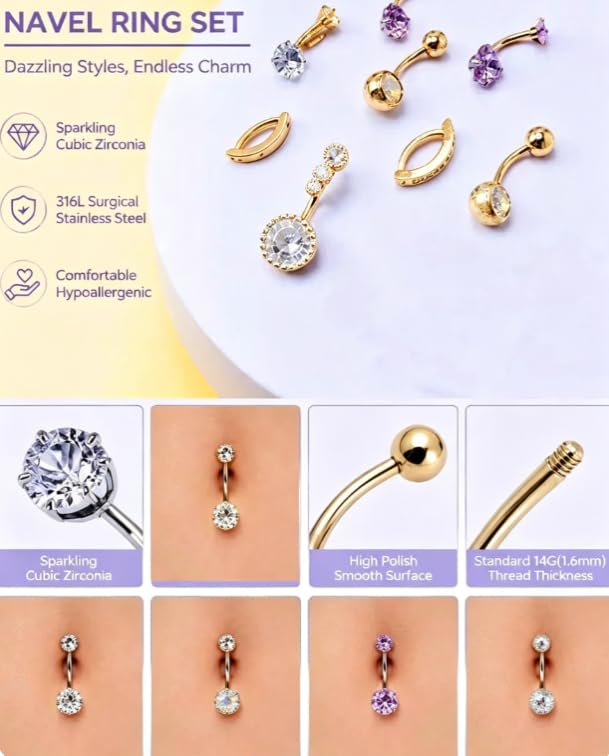 316L Stainless Steel Belly Button Rings Set Hypoallergenic Sparkly Crystal Dangle Navel Piercing Jewelry Shiny Rhinestone Belly Studs with Storage Gift Box for Women