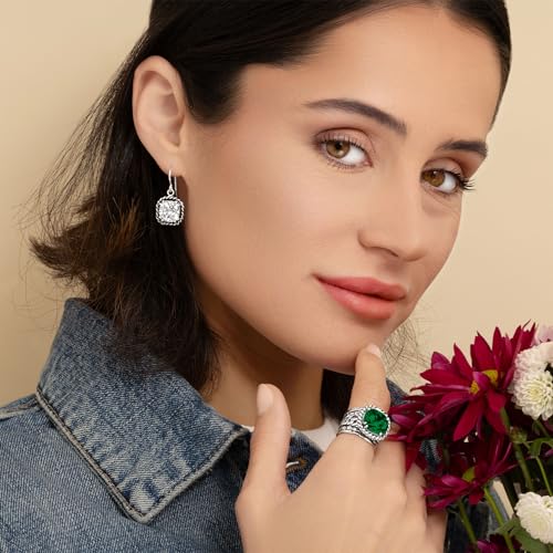JEAN RACHEL JEWELRY 925 Sterling Silver Braid Leaf Cushion Ring | Ornate statement ring beautifully adorned with sculpted leaf motifs, twisted rope braids, and a CZ center stone. - color: Emerald CZ