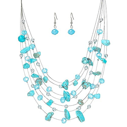 Multi-Layer Boho Shell Beaded Necklace for Women Colorful Crystal Strand with Silver Beads Statement Collars Necklace and Earrings Costumes Jewelry Sets for Women - color: 48-Turquoise
