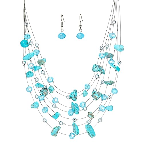 Multi-Layer Boho Shell Beaded Necklace for Women Colorful Crystal Strand with Silver Beads Statement Collars Necklace and Earrings Costumes Jewelry Sets for Women - color: 48-Turquoise