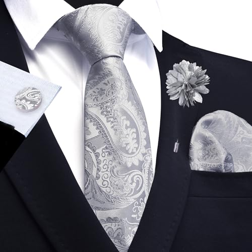 GUSLESON Paisley Tie Set for Men 3.15" Necktie Lapel Pin Hankerchief Cufflinks Set for Men - color: Silver Grey