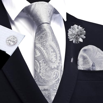 GUSLESON Paisley Tie Set for Men 3.15" Necktie Lapel Pin Hankerchief Cufflinks Set for Men - color: Silver Grey