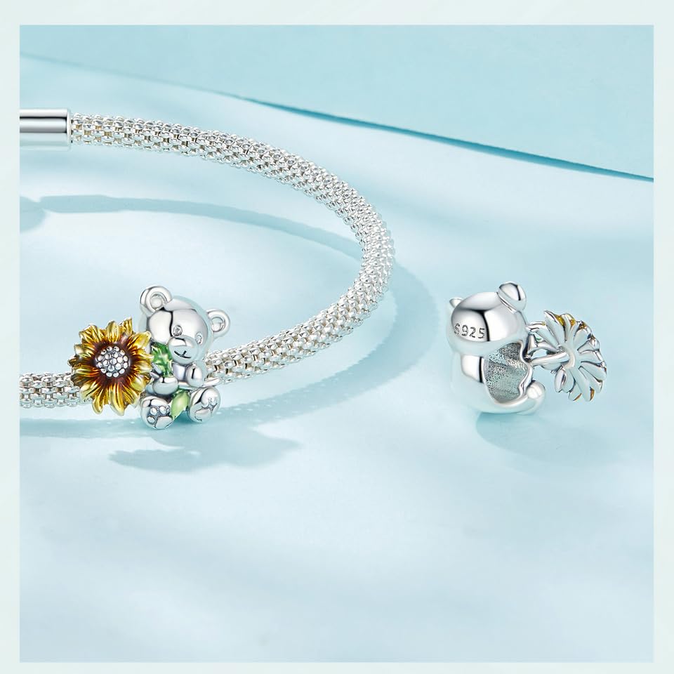 BISAER 925 Sterling Silver Charms for Bracelets Cat Dog Sloth Animal Beads Butterfly Fairy Heart Dangle Pendant Charms - color: Bear Flower